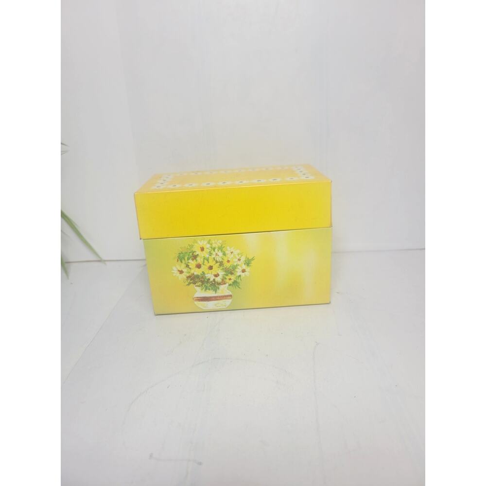 Vintage Ohio Art Metal Recipe Box Yellow Tin Daisy Floral Mid Century Mod 1960s